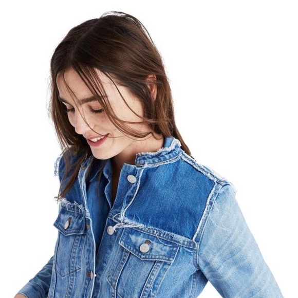 Madewell Distressed Collarless Denim Jackets Thunder Cloud Blue Women's Size M - Picture 2 of 11